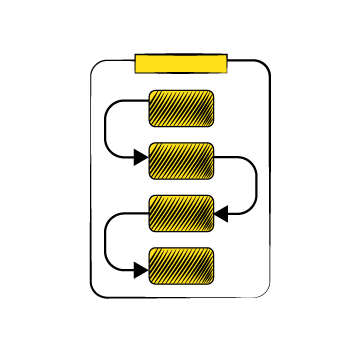 clear plan - Diagram showing four variations of yellow rectangular blocks connected by curved arrows illustrating different data flow patterns