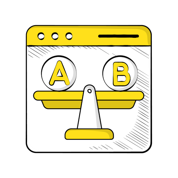 website design tips - A balance scale icon showing letters A and B on opposite sides, drawn in yellow and black line art style in a browser window interface