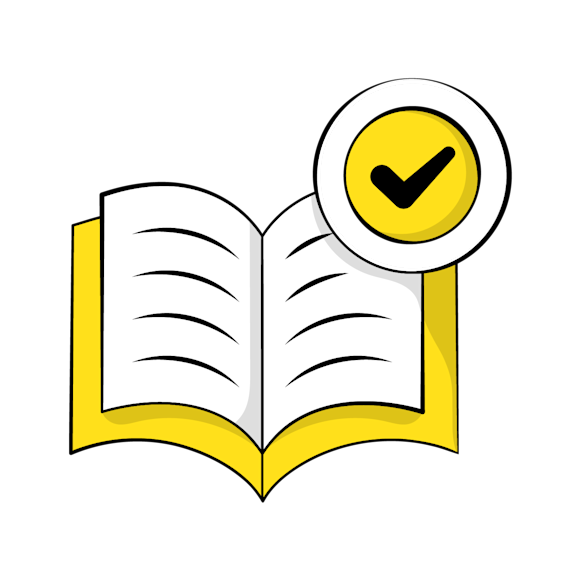 readability score concept - Open book icon with yellow border and checkmark symbol in yellow circle above
