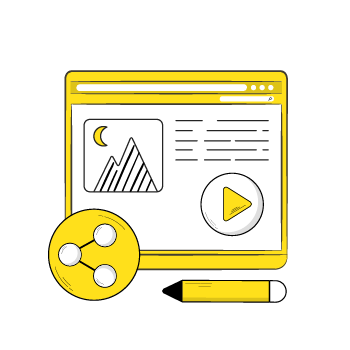 GPT-3 use cases - A row of simple line illustrations showing computer screens, charts, and pencils in black and yellow, depicting digital content creation tools
