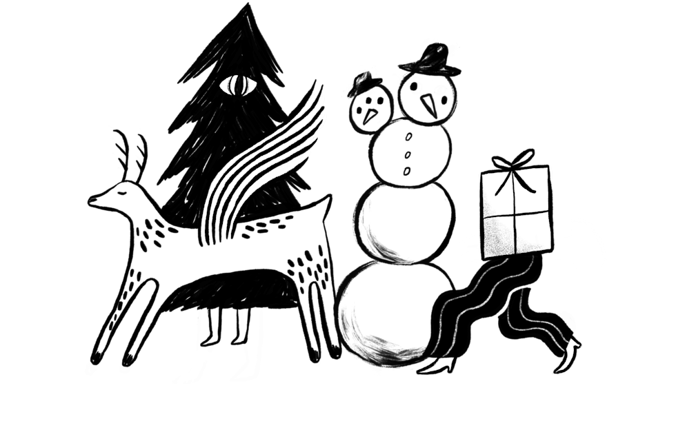 Illustration of a two headed snowman, a flying deer, a walking walking christmas tree and a walking present