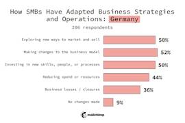 Germany SMBs
Changes made to business strategy or operations
Exploring new ways to market and sell 50%
Making changes to the business model 52%
Investing in new skills, people, or processes 50%
Reducing spend or resources 44%
Business losses/closures 36%
No changes made 9%
