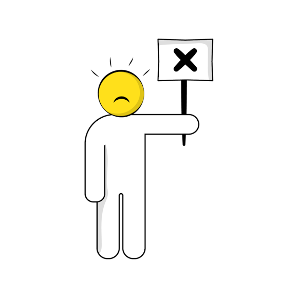 Common mistakes to avoid in content scoring concept - Simple stick figure with yellow smiley face head holding up a sign with an X mark