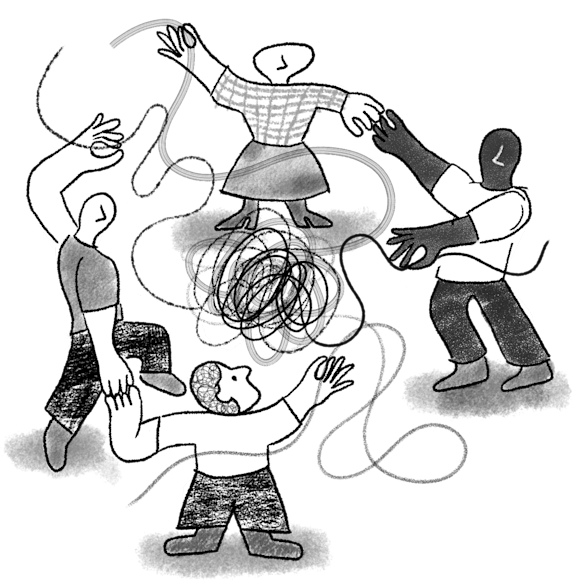 four people standing in a circle, holding hands