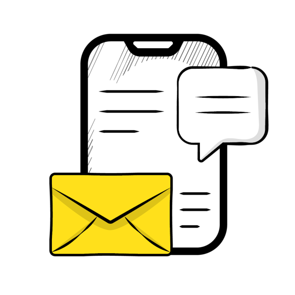 sms marketing - A simple line drawing showing a text message bubble with a yellow envelope icon below it