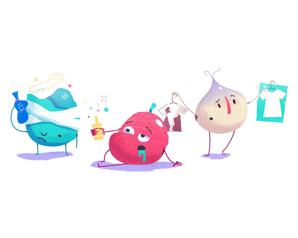 Whimsical cartoon illustration of colorful blob-like characters dancing and playing music with floating musical notes and sparkles