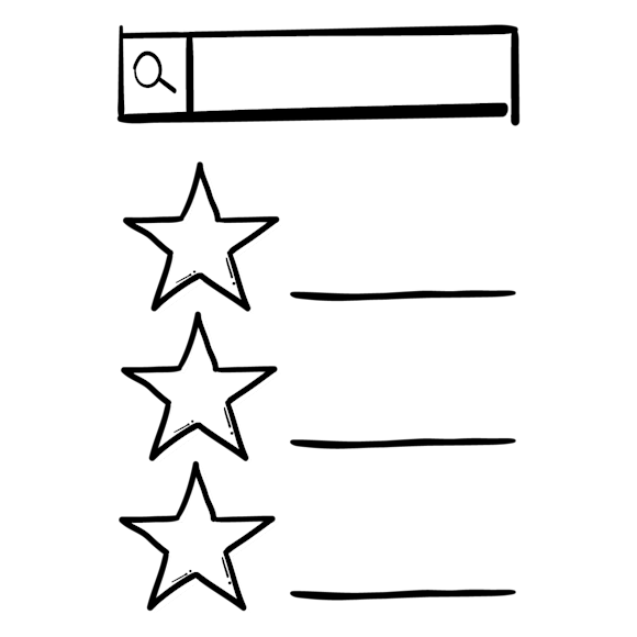 A simple sketch showing a search bar at the top and three outlined star icons below it, each followed by a horizontal line