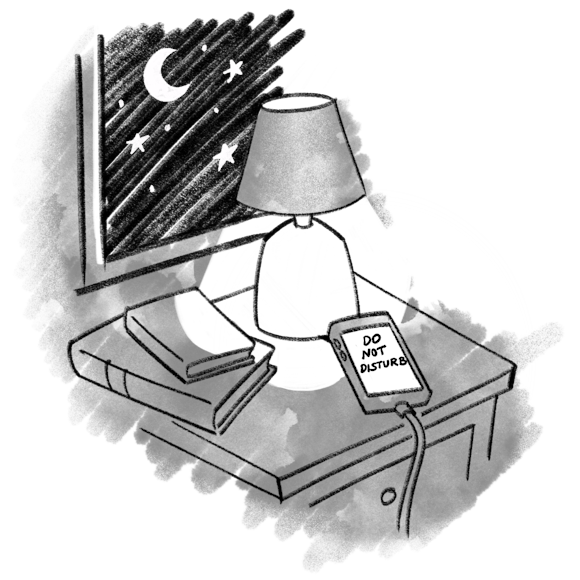 Nightstand with a lamp and a phone that says, “do not disturb”