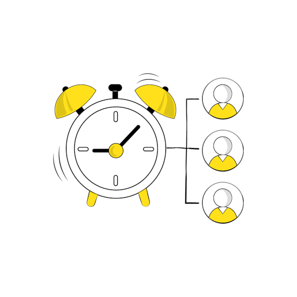 Alarm clock next to icons of three different people