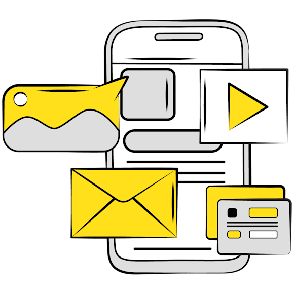 web design benefits - Line drawing of a smartphone interface showing email icons in yellow and gray, with an envelope and message window design