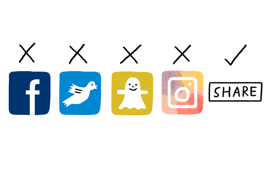 Social media icons with X marks above Facebook, Twitter, Snapchat, and Instagram, followed by an approved Share button