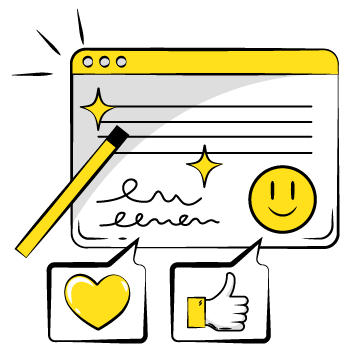 launch a website - illustration of a browser window showing a smiley face, heart and like reactions, and a magician wand