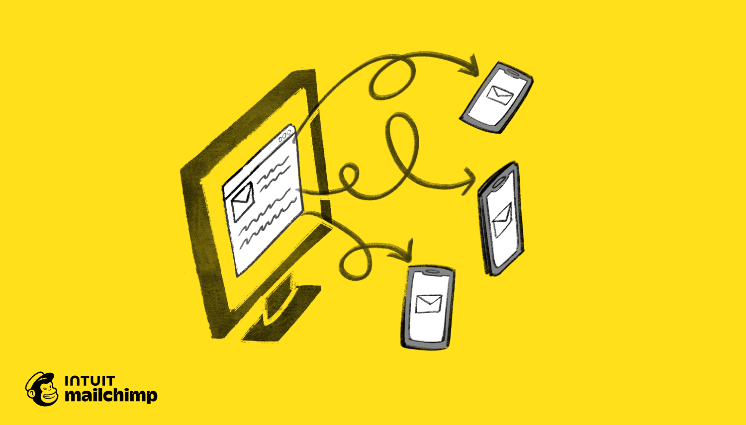 Illustration showing email icons flowing from a computer screen to multiple mobile phones, connected by curvy arrows on yellow background