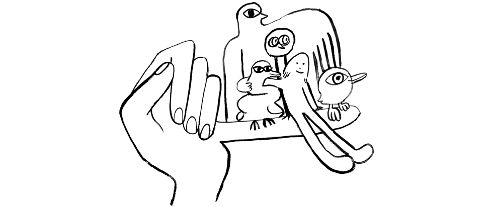 Illustration of audience of characters perched on a finger