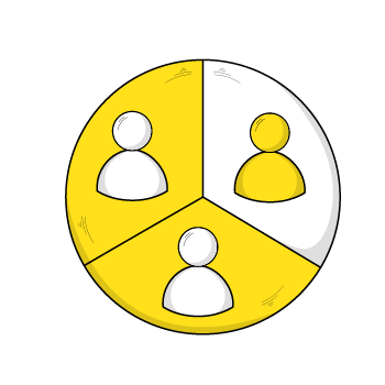 audience personalization - illustration of a yellow and white circle split from the center into three equal segments with a human figure in each 