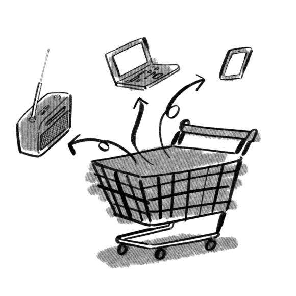 Shopping cart with laptop, phone, and radio