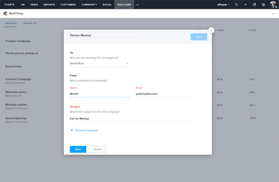Image of Zoho Desk dashboard with campaign send option