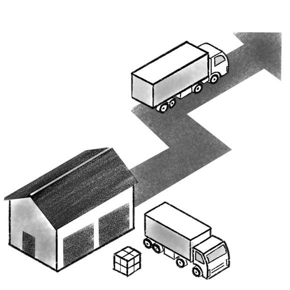 Trucks leaving a factory