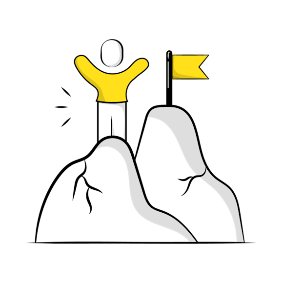 overcoming challenges in audience research concept -  line drawing of a stick figure in yellow reaching the summit of a mountain peak, with a yellow flag marking the achievement