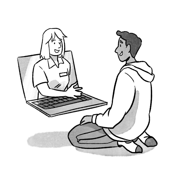 person talking to a customer service rep on a laptop