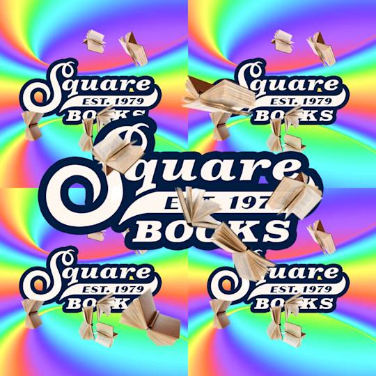 Square Books logo with flying open books on vibrant rainbow spiral background, established 1979