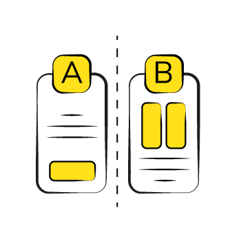 a/b testing - Simple line drawing showing a sequence of app screens with yellow highlighted elements and text placeholders, demonstrating a user interface flow