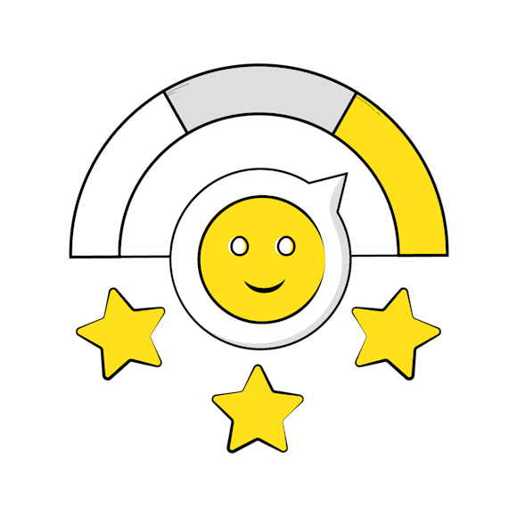 NPS formula concept - A smiling yellow emoji face surrounded by three yellow stars, with a semicircular gauge above showing white and gray sections with yellow segment