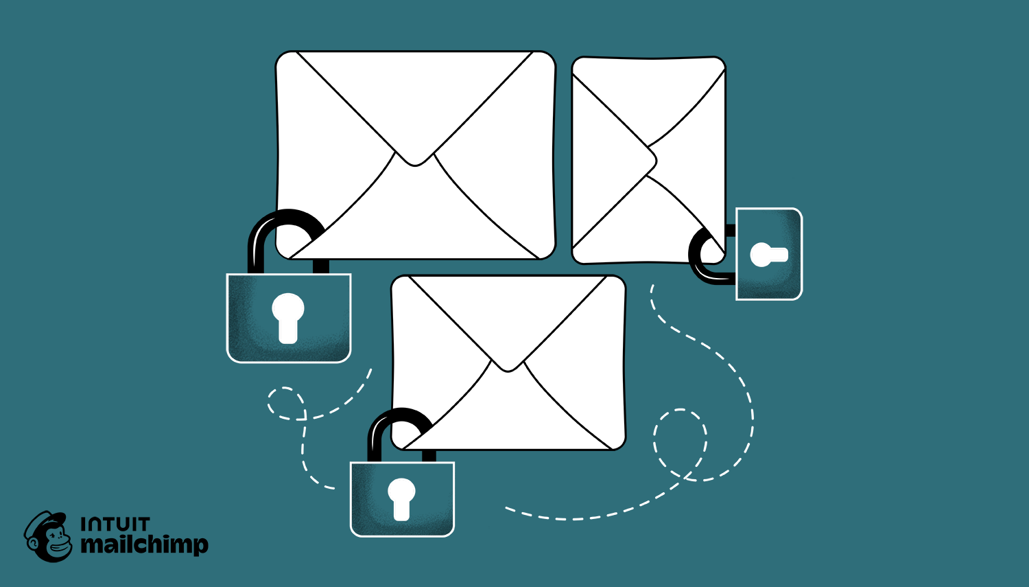 Three white envelopes connected to padlocks on teal background, illustrating email security and encryption