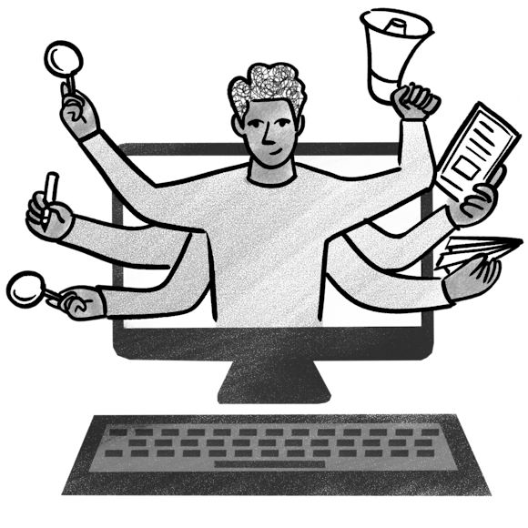 Man with tools on a computer monitor