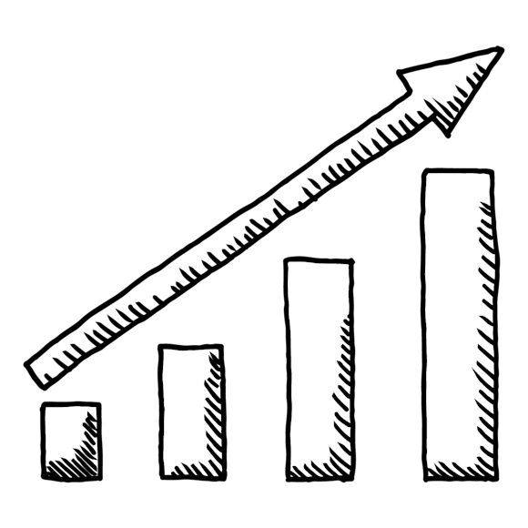 Upward trending bar graph with an arrow pointing diagonally.