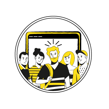 unique selling proposition - Simple line illustration showing five people, viewed through circular windows with yellow accents