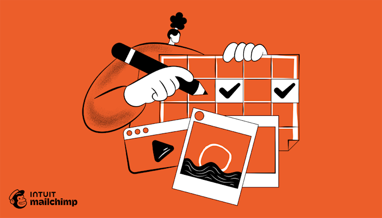 Cartoon illustration showing a hand with pencil marking a calendar, alongside media elements like photos and video player on orange background