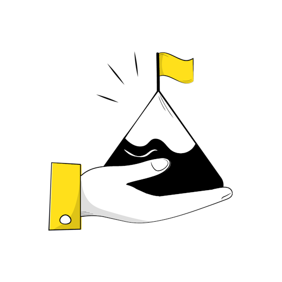 Hand holding a mountain with a goal post and flag at the top