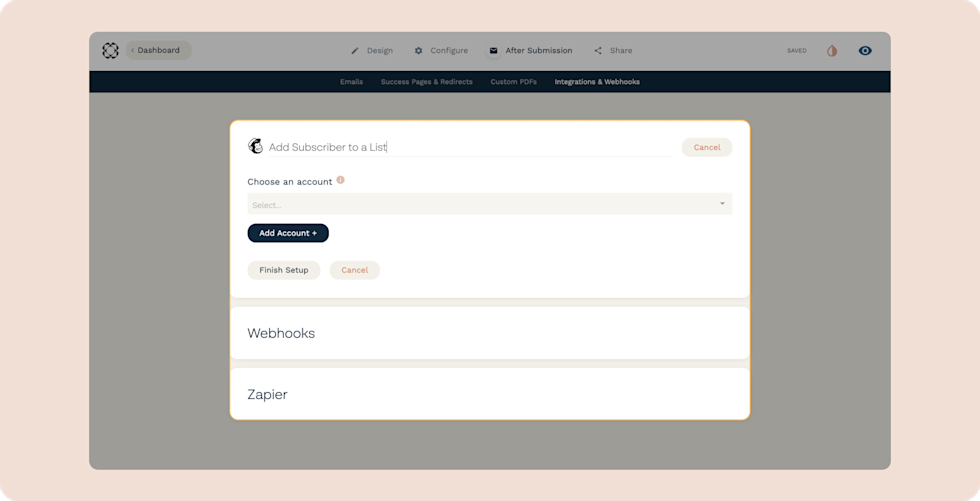 Click the "Add Account +" Button to connect your Mailchimp account. This will open a login flow in a new window that'll ask you to give permission for Paperform to connect to your Mailchimp account.