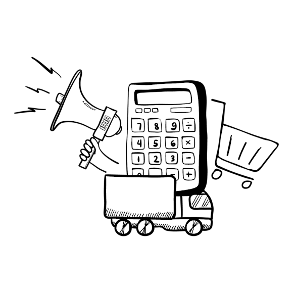 Graphic of a bus, megaphone, calculator, and shopping cart