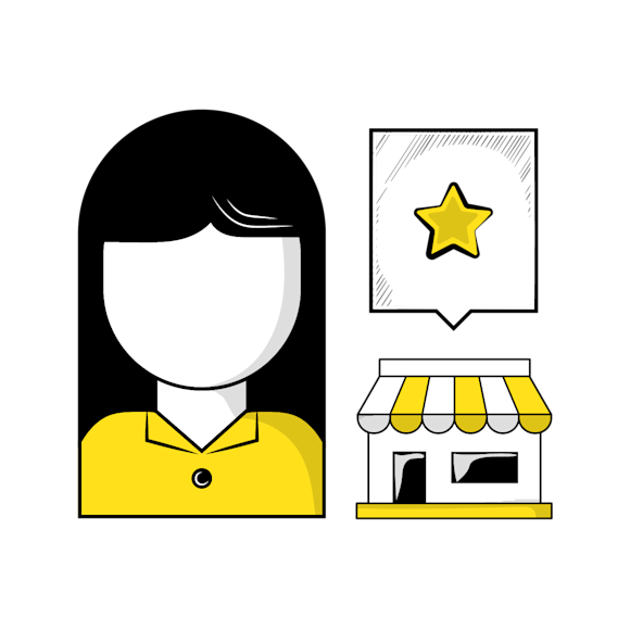 your brand persona - Minimalist illustration showing an avatar in yellow shirt next to a small storefront with striped awning and gold star rating icon above