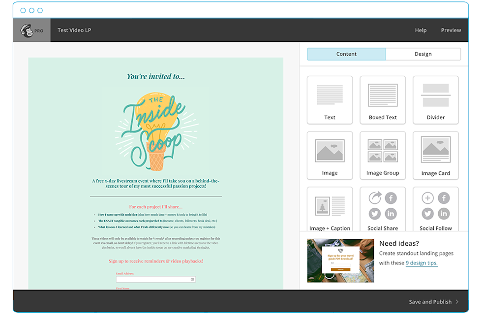 An image of Lauren's page in the MailChimp landing page builder. 