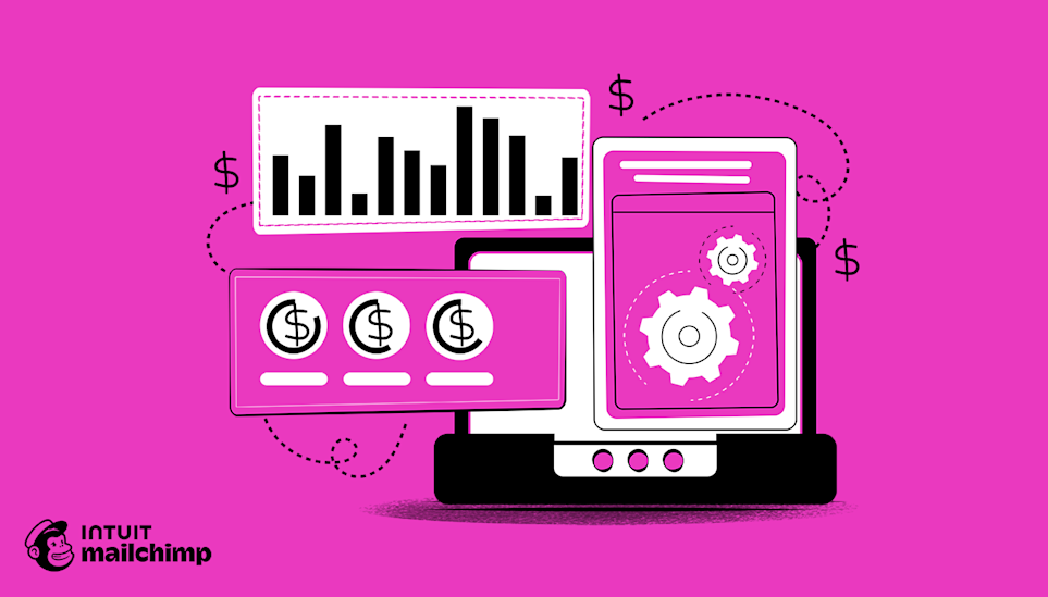 Stylized illustration showing financial data charts and dollar symbols on overlapping white cards against a bright pink background, with Intuit and Mailchimp logos