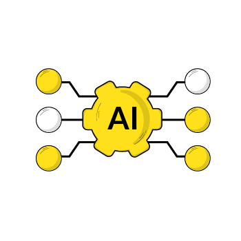 AI predictive analytics - Simple line drawing of connected yellow and white molecular structures with "AI" text in the center
