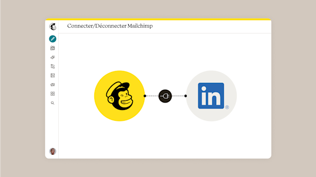 Interface de connexion affichant le logo Mailchimp dans un cercle jaune relié au logo LinkedIn en bleu, avec une option de connexion/déconnexion