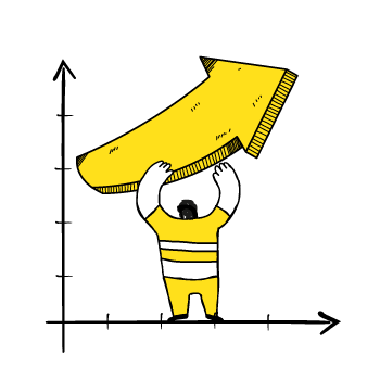 Illustration of a human holding up a large arrow, pointing an upward trend on a graph