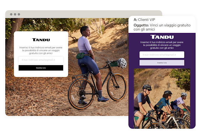 Un modulo di iscrizione per la raccolta delle informazioni del lettore, mostrato sia in una pagina di destinazione che in un’email integrata in Mailchimp.