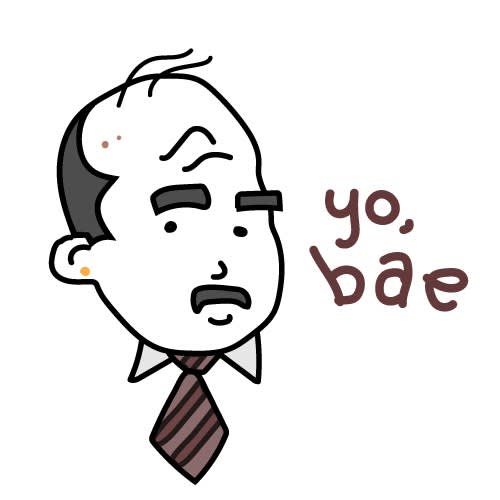 Simple cartoon illustration of a man's head with thick eyebrows and striped tie saying "yo, bae"