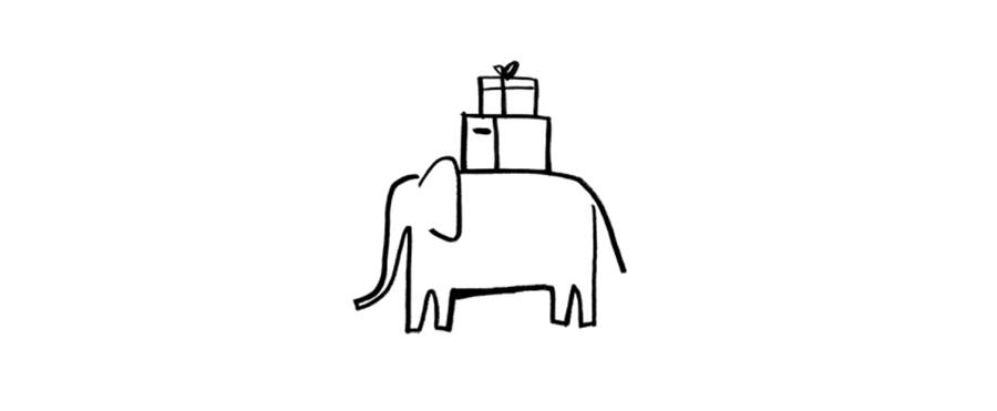 A drawing of an elephant with some packages and boxes on its back.