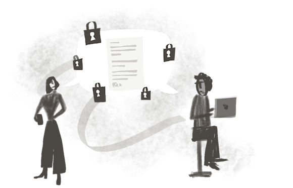 end to end encryption - Illustration showing two people exchanging digital documents with padlock icons floating between them, representing secure data transfer