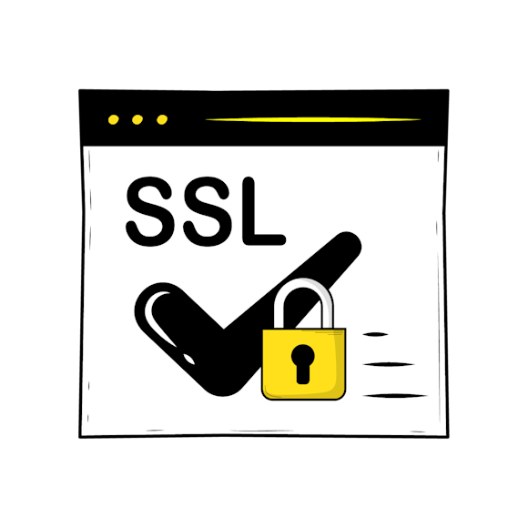 SSL and TLS - SSL security icon showing black key with yellow padlock on white background with three yellow dots at top