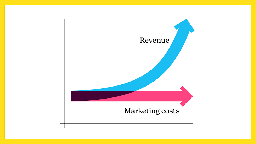 Line graph showing exponential revenue growth alongside flat marketing costs to illustrate marketing efficiency.