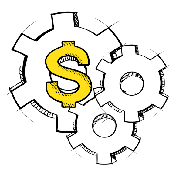 Graphic of three settings icons with a dollar sign