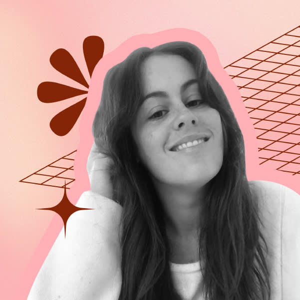 Black and white portrait on pink background with decorative brown retro-style elements and geometric patterns