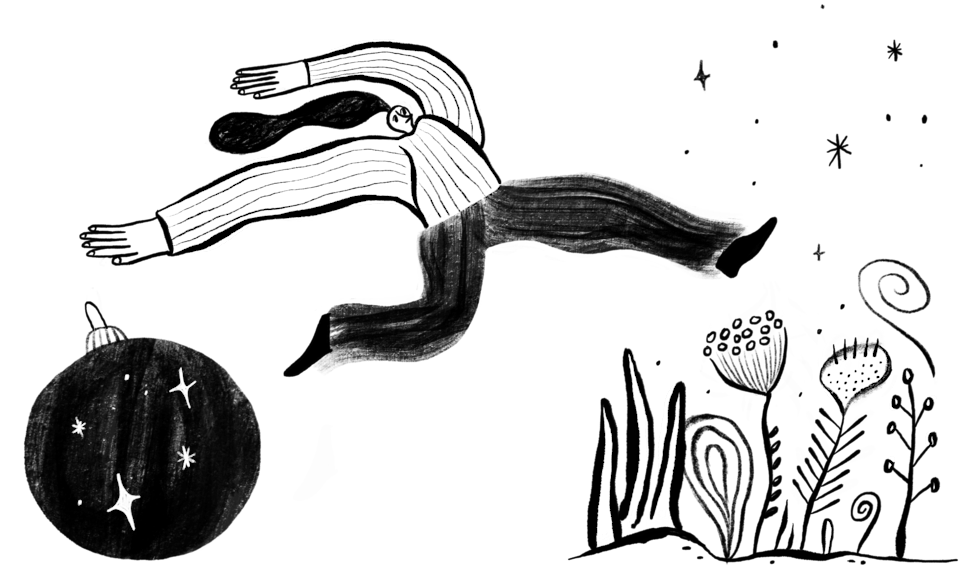 Illustration of a woman jumping over an ornament and flowers